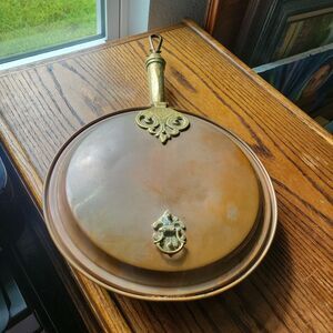 Copper Bed Warmer Pan Long Handle Wood Brass Lid Vintage Colonial Style Decor